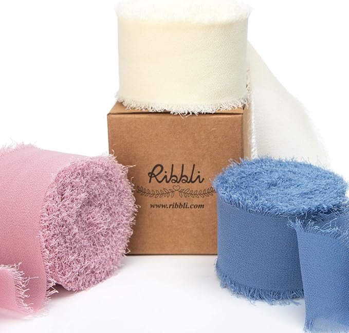 Ribbli Chiffon Silk Ribbon, 1.5 in x 30 Yards, Ivory/Dusty Rose/Dusty Blue by Ribbli