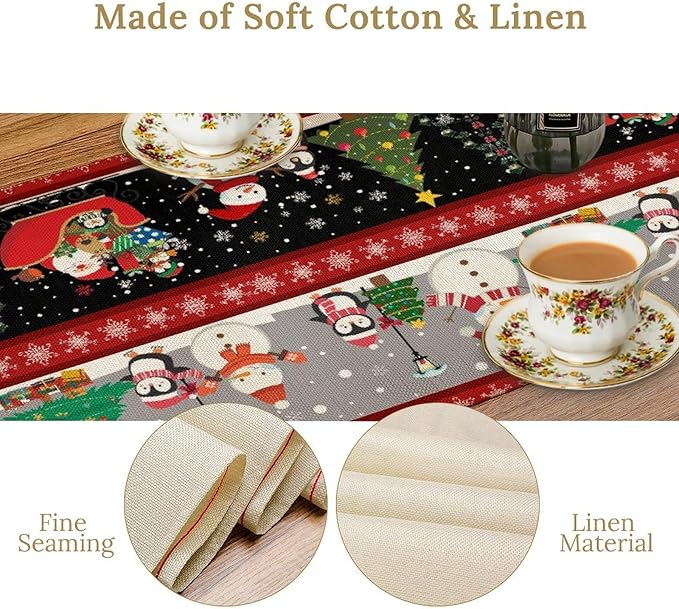 Christmas Table Runner, Cartoon Snowman Tree Xmas Deer Elk Santa Claus Print - Image 3