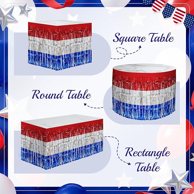 2 Pack Red&White&Blue Table Skirts, 29x108" Metallic Foil Tinsel Fringe Table - Image 4
