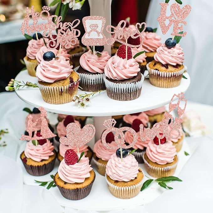 Ephlyn 30Pcs He Asked She Said Yes Cupcake Toppers Glitter Engagement Cupcake - Image 4