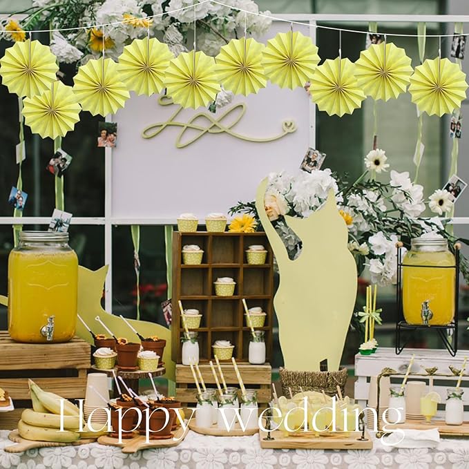 Yellow Hanging Paper Fans, Color Party Decorations, Bee Themed Classroom Decor - Image 5