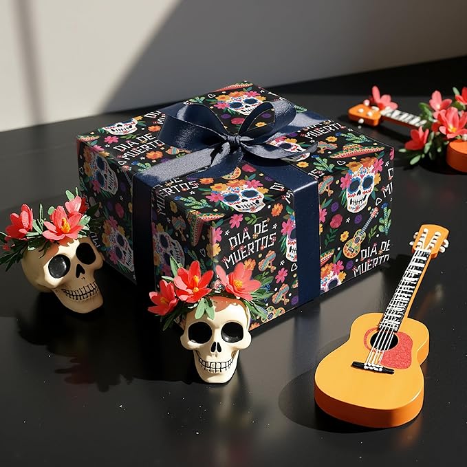 LeZakaa Day of the Dead Wrapping Paper Roll, Colorful Sugar Skulls Maracas - Image 3
