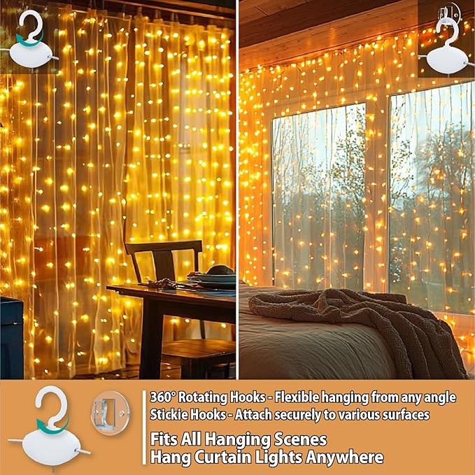 HXWEIYE 300LED Fairy Curtain Lights, 9.8x9.8Ft USB Plug-in 8 Modes Christmas - Image 3