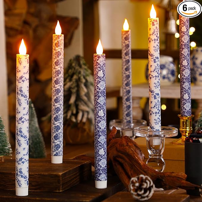 Baquler 6 Pcs Christmas Chinoiserie Flameless Candles 10.6 Inch Blue and White by Baquler