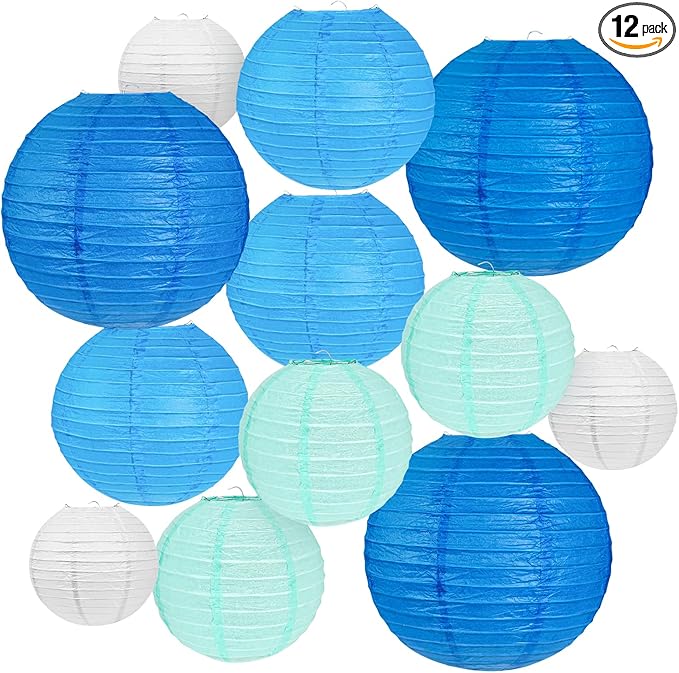 12Pcs Blue and White Paper Lanterns Assorted Sizes by Peywot