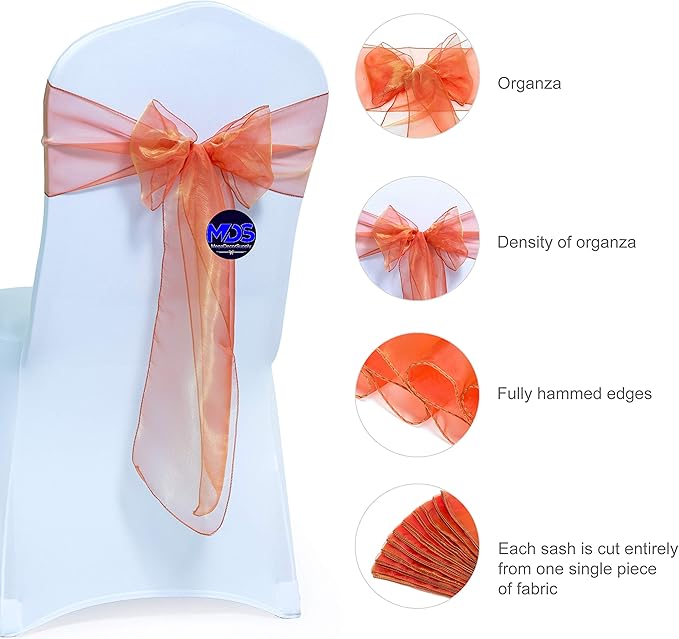 MDS Pack of 125 PCS Organza Chair Sashes Wider Dining Chair Bows Ribbon Tie Back - Image 2