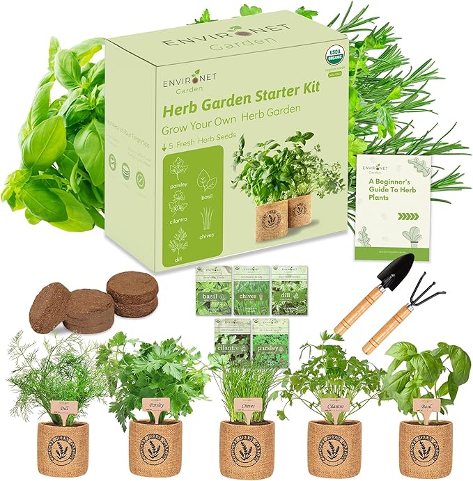 5 Herb Indoor Garden Kit-Burlap Pots, Organic Seeds & Complete Growing Herb by Environet