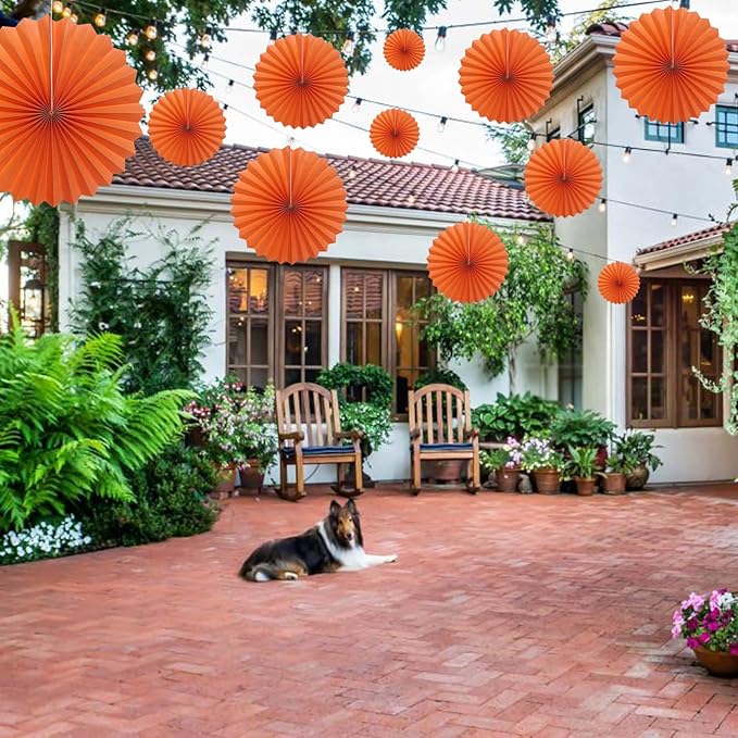 Orange Birthday Party Decorations, DIY Orange Paper Fans Hanging Decoration - Image 5