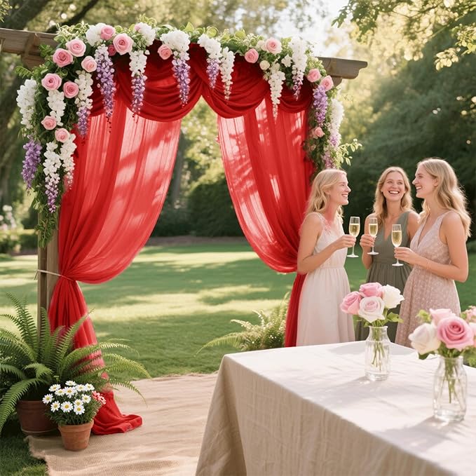 Wedding Arch Draping Fabric 29" x 18 FT Red Sheer Chiffon Outdoor Curtain Drapes - Image 3