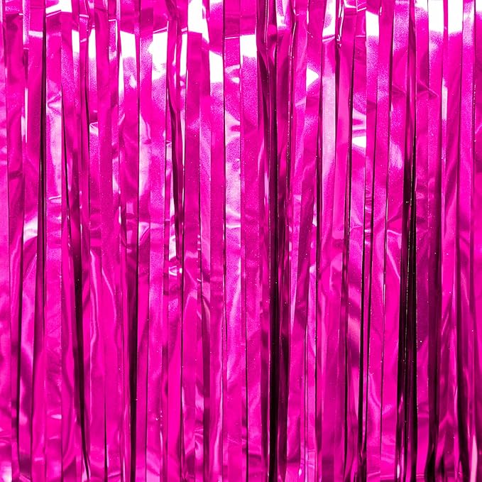 PartyWoo Hot Pink Foil Fringe Curtain Red Rose Streamers 3pcs 8.2ft Magenta - Image 2