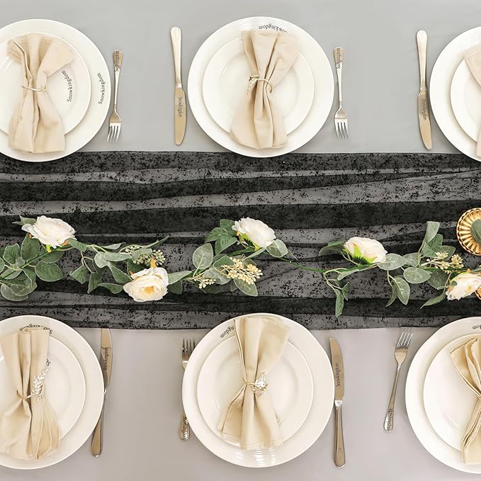 Snowkingdom Black Table Runner, 10FT Sheer Tulle Cheesecloth Gauze Metallic - Image 5