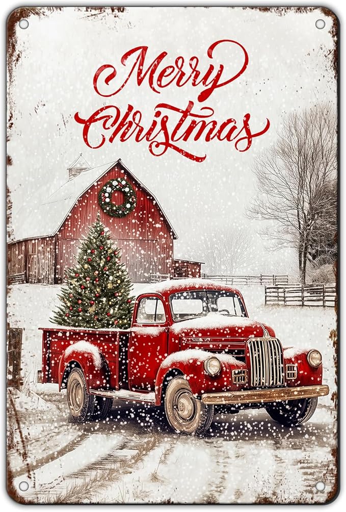 Vintage Christmas Red Truck Tin Sign Merry Christmas Truck Christmas Tree Metal by GJXFTPTTBD