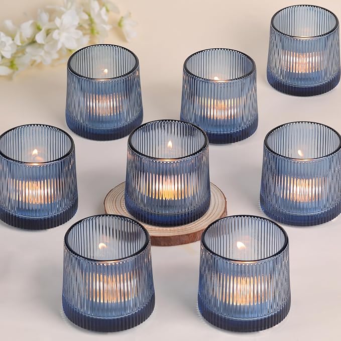 DARJEN Blue Ribbed Tealight Votive Candle Holders Set of 10- Votive Candle by DARJEN