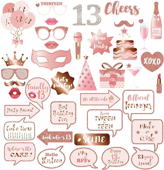 13th Birthday Party Photo Booth Props and Signs, Rose Gold 13 Birthday Party by BRT+Bearingshui