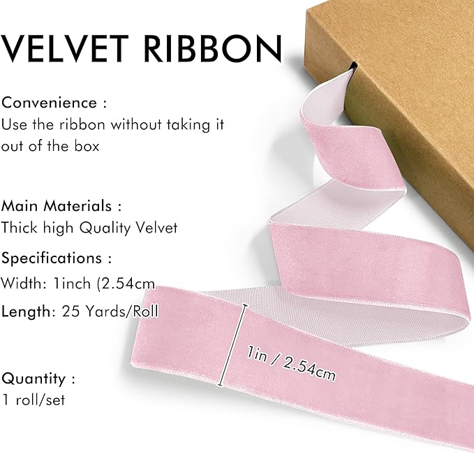 Pink Velvet Ribbon 1'' 25 Yards - Image 2