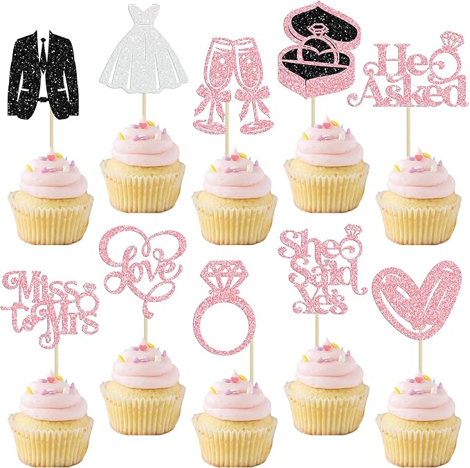 Gyufise 30Pcs She Said Yes Cupcake Toppers Glitter Diamond Ring I Do Love by Gyufise