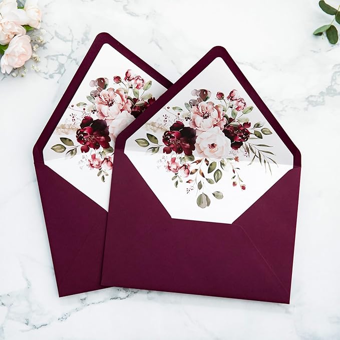 PONATIA 50PCS A7 Euro Flap Envelopes, 5.25 x 7.25'' Burgundy Flowers Liner - Image 7