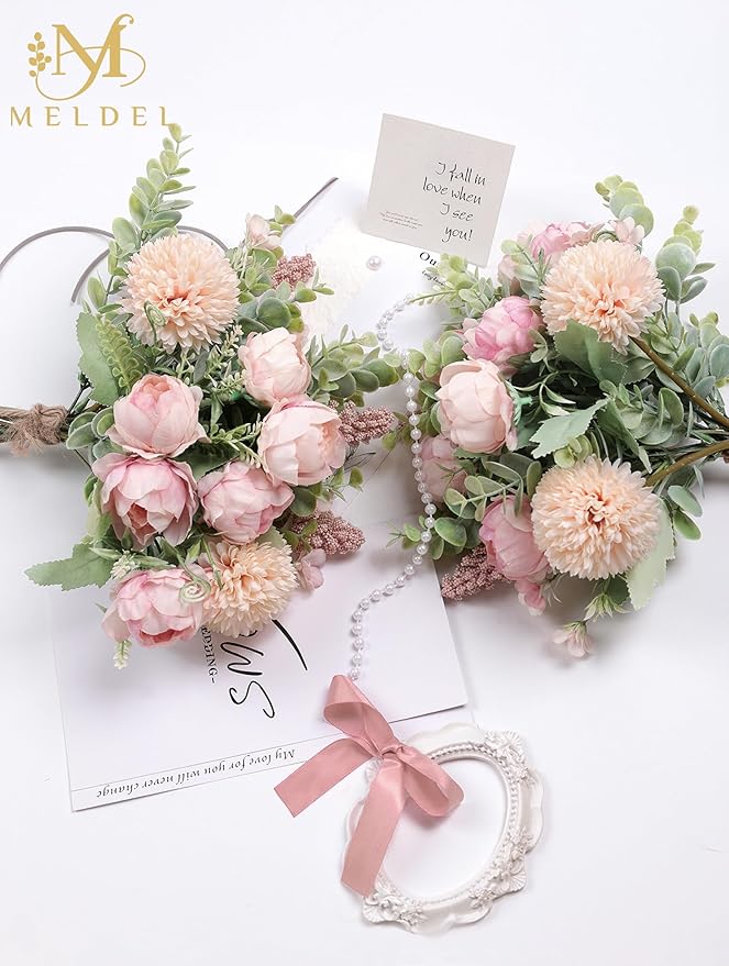 Meldel 3Pcs Peony Bouquet Light Pink Champagne Rose Artificial Flowers - Image 7