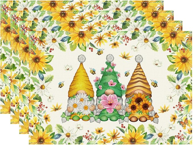 XCHI Daisies Flowers Gnomes Spring Placemats Set of 4 Table Mats Summer by XCHI