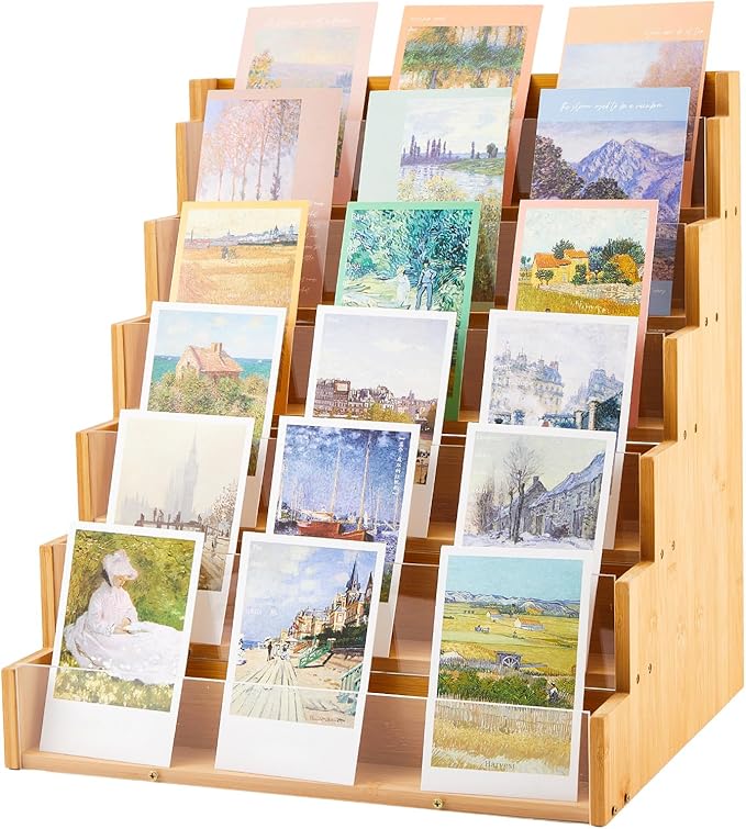 6 Tier Greeting Card Display Stand Wood Color Bamboo and Acrylic Sticker by Yuntau