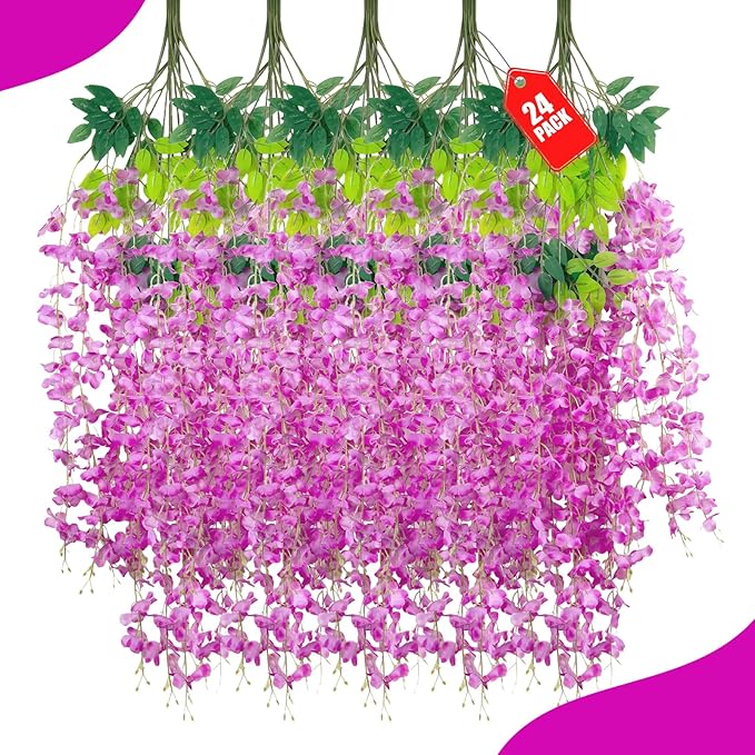 24 Pack Purple Red Wisteria Hanging Flowers, 3.4 Ft Fake Hanging Flowers by ZEBMOON