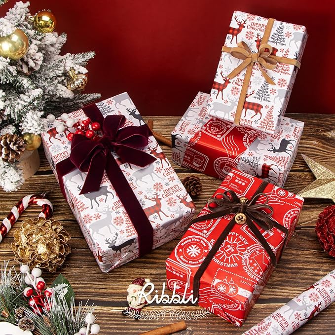 Ribbli Christmas Wrapping Paper Reversible Vintage Reindeer and Christmas Stamp - Image 5