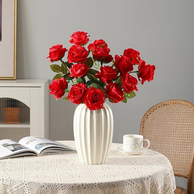 Tifuly 12 Pcs Red Roses Artificial Flowers, Realistic Long Stem Fake Silk Roses - Image 3