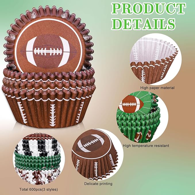 Whaline 600Pcs Football Cupcake Liners 6 Styles Rugby Cupcake Wrappers Baking - Image 3