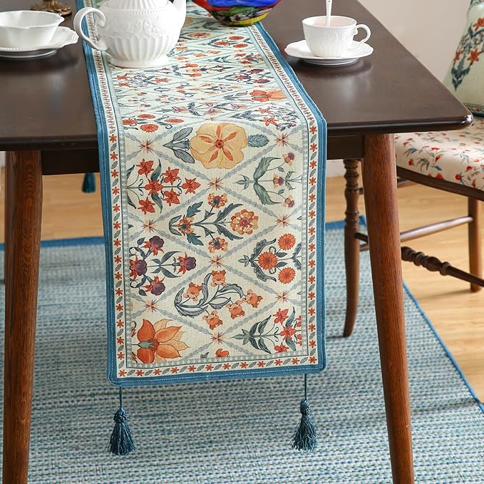 ISAENNE Designer Bohemian Elegant Linen Table Runner 102 Inches Long, Colorful - Image 2