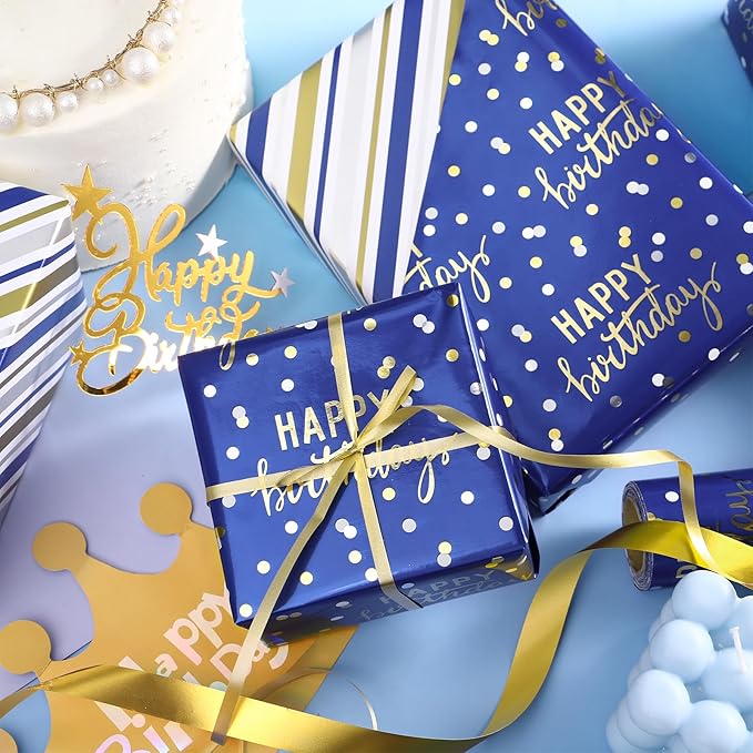 LeZakaa Reversible Blue Birthday Wrapping Paper Roll - Image 2