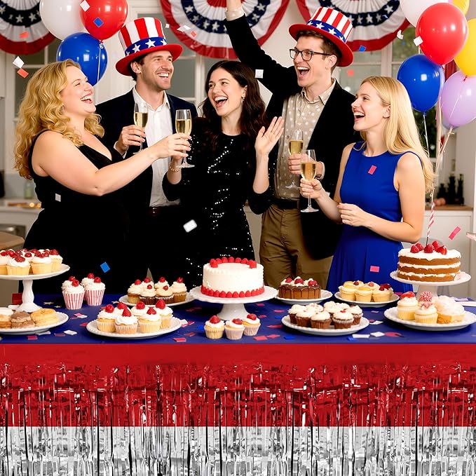 2 Pack Red&White&Blue Table Skirts, 29x108" Metallic Foil Tinsel Fringe Table - Image 6