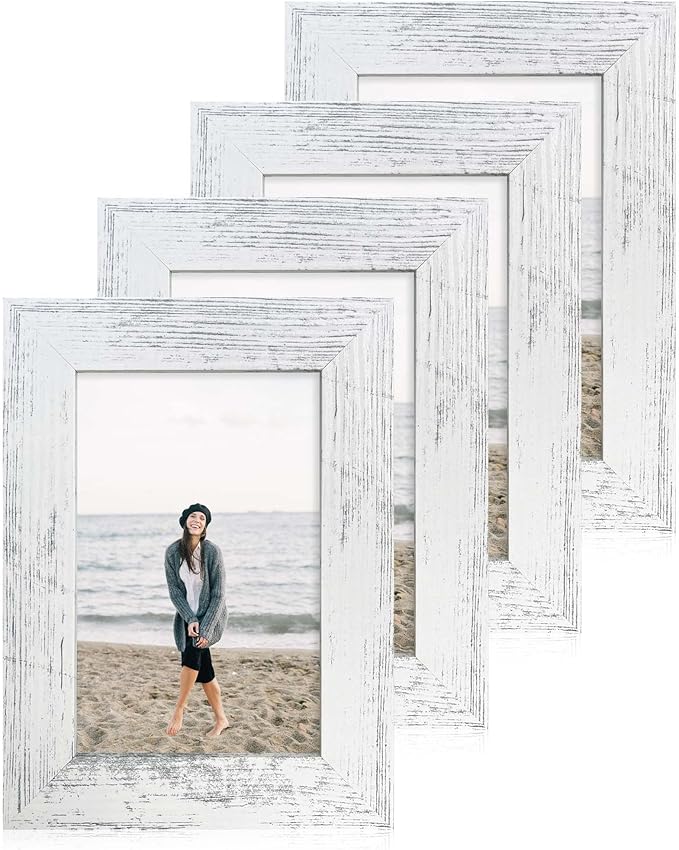 4x6 Picture Frame Set of 4, High Definition Glass Distressed White Frame by iRahmen