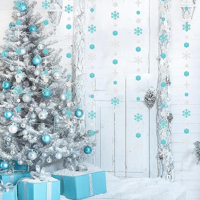 Snowflake-Snow Teal-Silver Christmas Party-Decorations Streamers - 52Ft White - Image 6