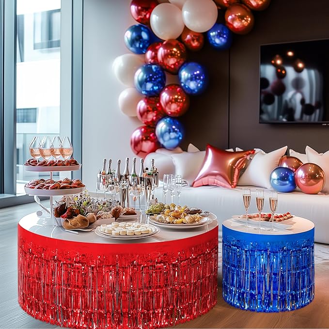 2 Pack Red Dark Blue Table Skirts, 29x108" Metallic Foil Tinsel Fringe Table - Image 9