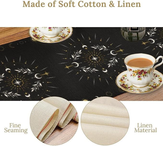 Sun Moon Table Runner, Magical Leaves Mysterious Western Traditional Elements - Image 5