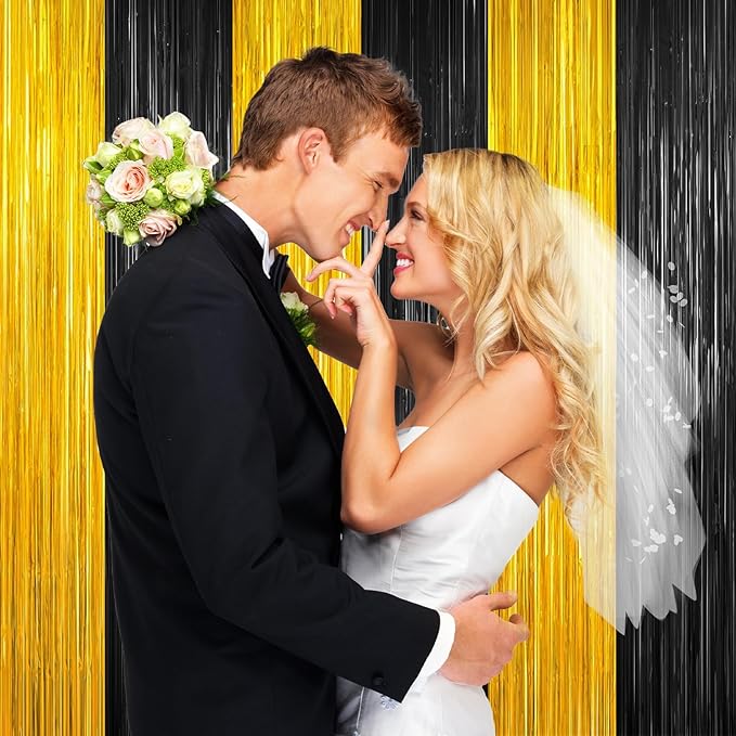 Black and Gold Party Streamers Decoration, Foil Fringe Backdrop - Image 2