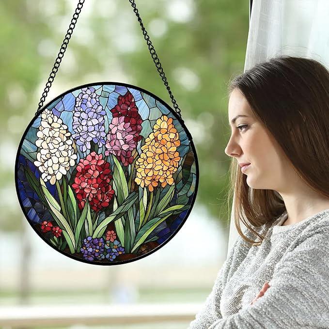 Stained Glass Window Hanging, Colorful Hyacinth Flowers Suncatcher - Image 2