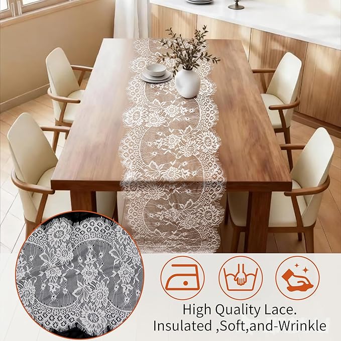 HAIBAS 12 Pcs White Lace Table Runners 14 x 120 Inch Boho Rose Embroidered - Image 5