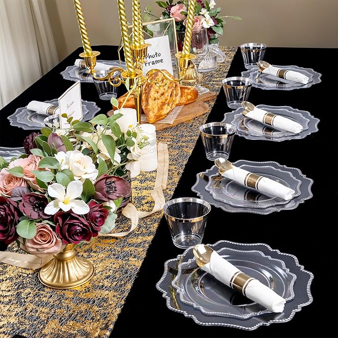 COLOSUS 350pcs Clear Plastic Plates Disposable Gold Cutlery Dinnerware set - Image 8