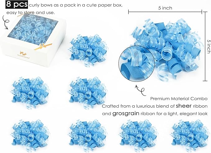 HUIHUANG Blue Bows for Gift Wrapping Baby Blue Gift Bows 5 inch x 8 Counts - Image 2