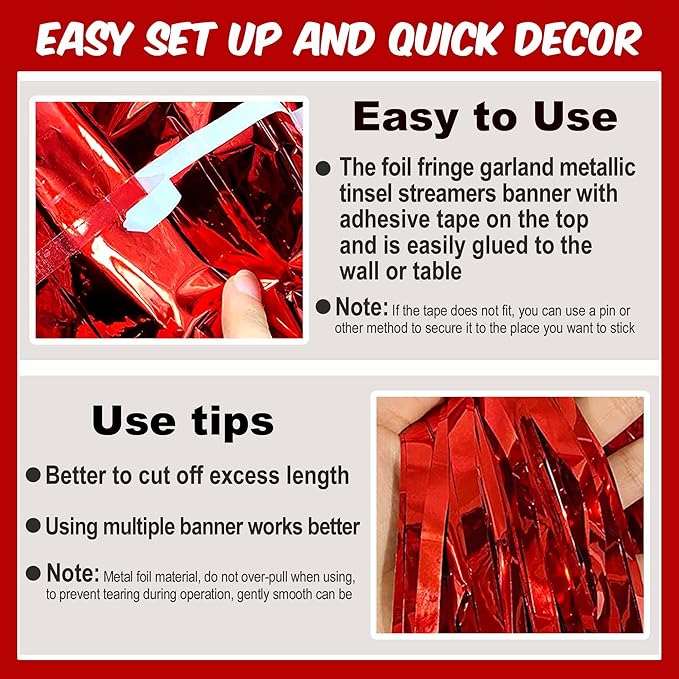 4 Pack 10 Ft Red Foil Fringe Garland Metallic Streamers Tinsel Banner Wall - Image 3