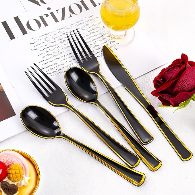 WDF 180 Pieces Black and Gold Plastic Silverware -Halloween Black Plastic - Image 9