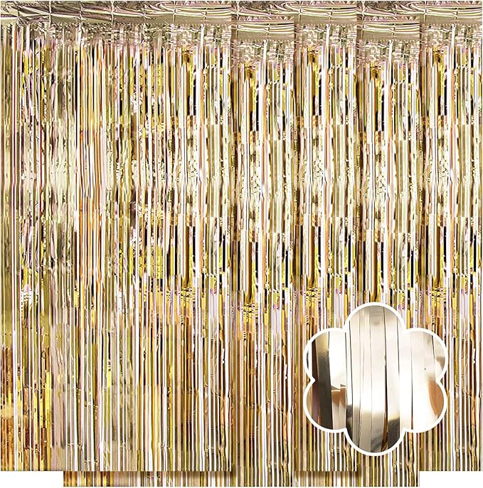 5 Pack Champagne Gold Foil Curtain Backdrop 3.2ft x 9.8ft Metallic Tinsel Foil by Ohiyoo