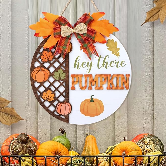CHDITB Hey There Pumpkin Front Door Sign Wreath, Wooden 3D Hello Fall Autumn - Image 6
