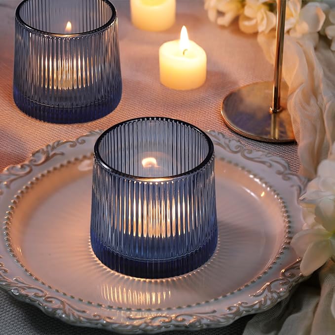 DARJEN Blue Ribbed Tealight Votive Candle Holders Set of 10- Votive Candle - Image 5
