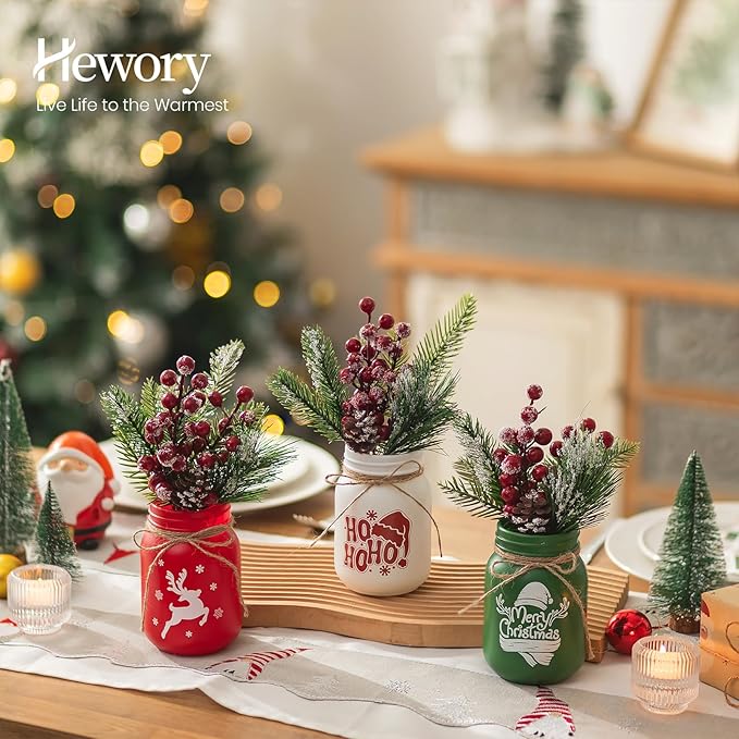 Hewory Christmas Vase for Table Centerpieces: 3 PCS Glass Christmas Mason Jars - Image 2