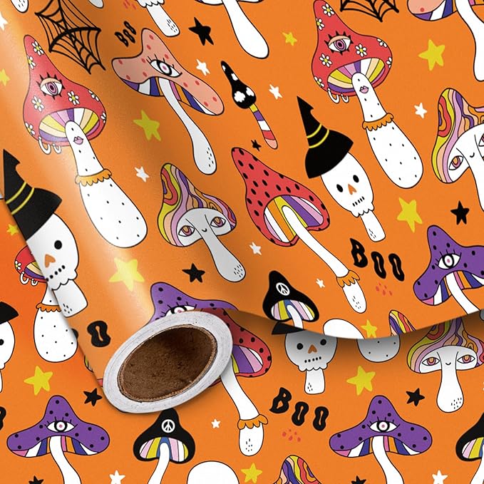 LeZakaa Halloween Creepy Mushroom Wrapping Paper Roll, Mushrooms Design by LeZakaa