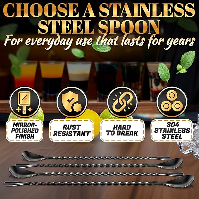 4 Pcs Bar Spoon Cocktail Mixing Spoon Set – 12" Stainless Steel - Image 3