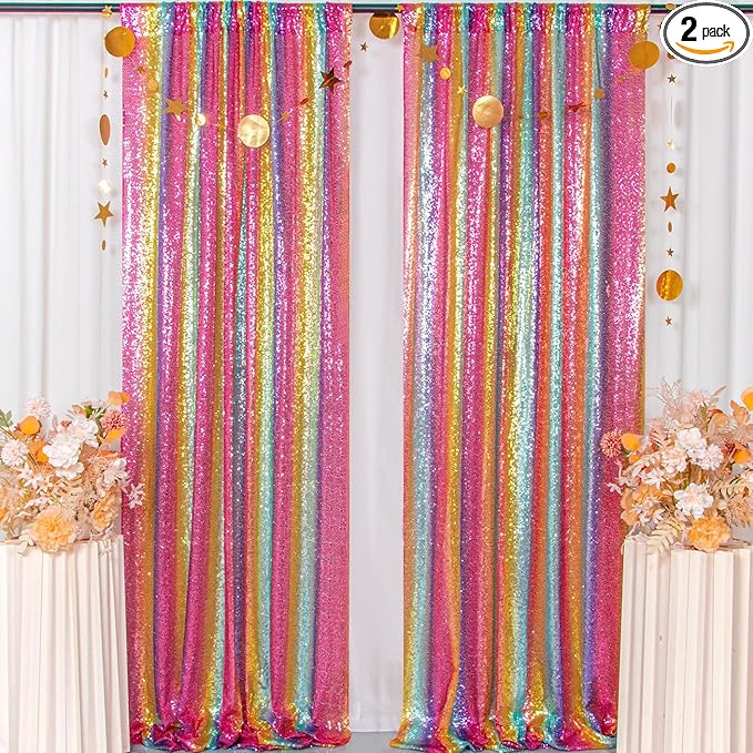 ShiDianYi Rainbow Backdrop Curtains 4FTX10FT Sequin Backdrops 2 Panels Colorful by ShiDianYi