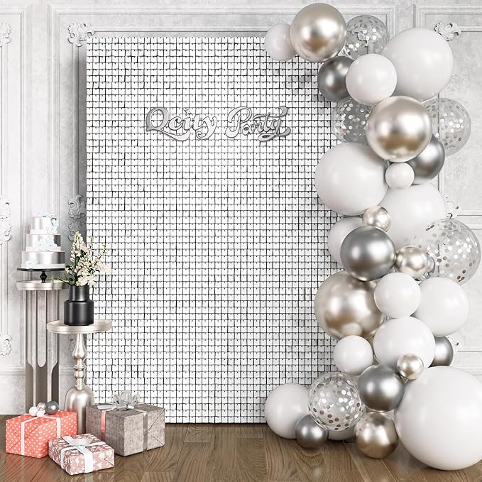 Qcity Matte White Sequin Wall Backdrop 24PCS, Square Sequin Glitter Backdrop by QCITY